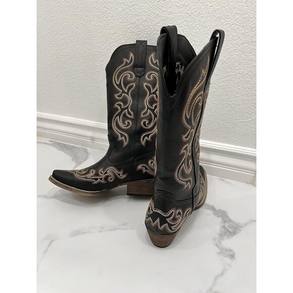 🆕Women Black Synthetic Leathers Cowgirl Chunky Heel Snip Toe Mid-Calf Boots - Picture 4 of 10